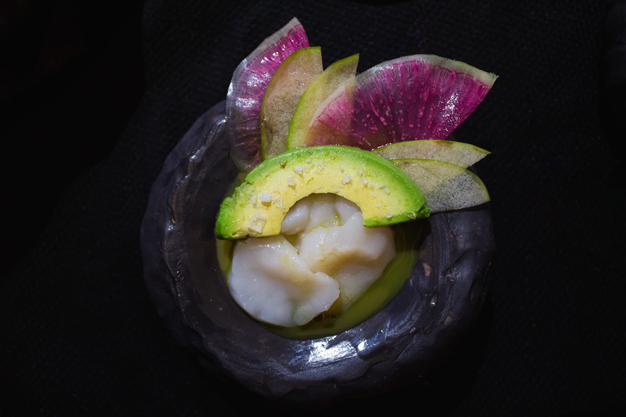 Scallop with avocado and watermelon radish